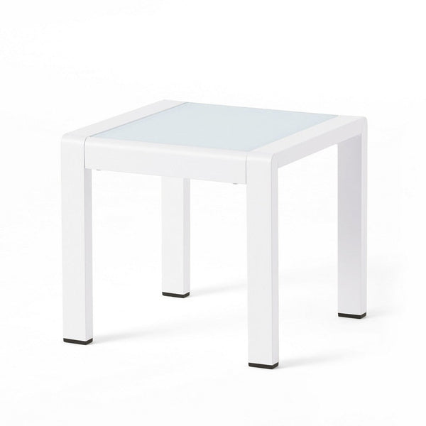Mandy Outdoor Side Table, Opaque Glass Top, White Metal 20 Inch -BM335208