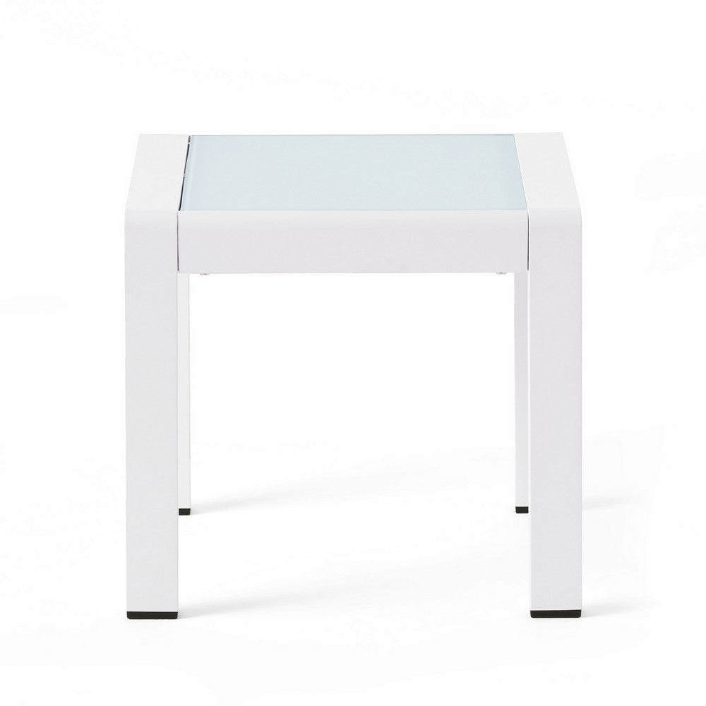 Mandy Outdoor Side Table, Opaque Glass Top, White Metal 20 Inch -BM335208