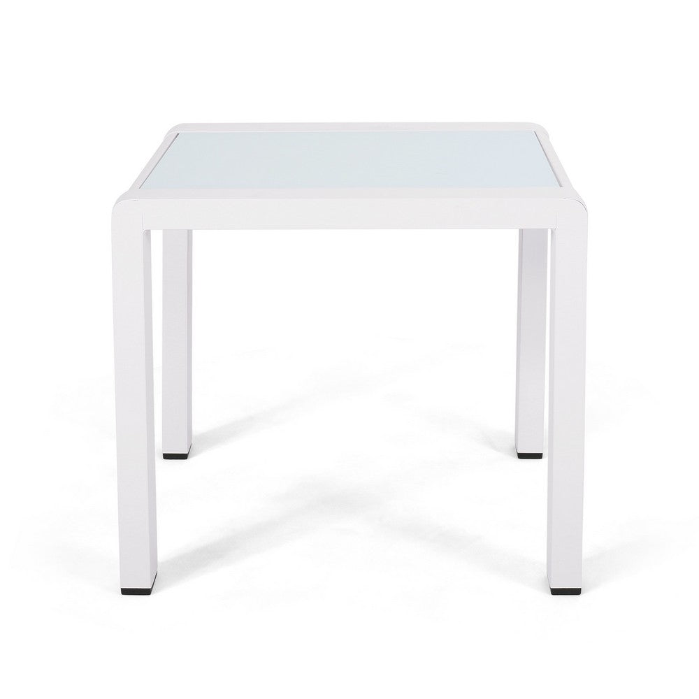 Mandy Outdoor Side Table, Opaque Glass Top, White Metal 20 Inch -BM335208