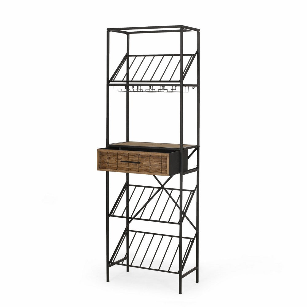 Corey Tall Wine Rack, 71 Wine Slots and Drawer, Brown, Black Metal -BM335209