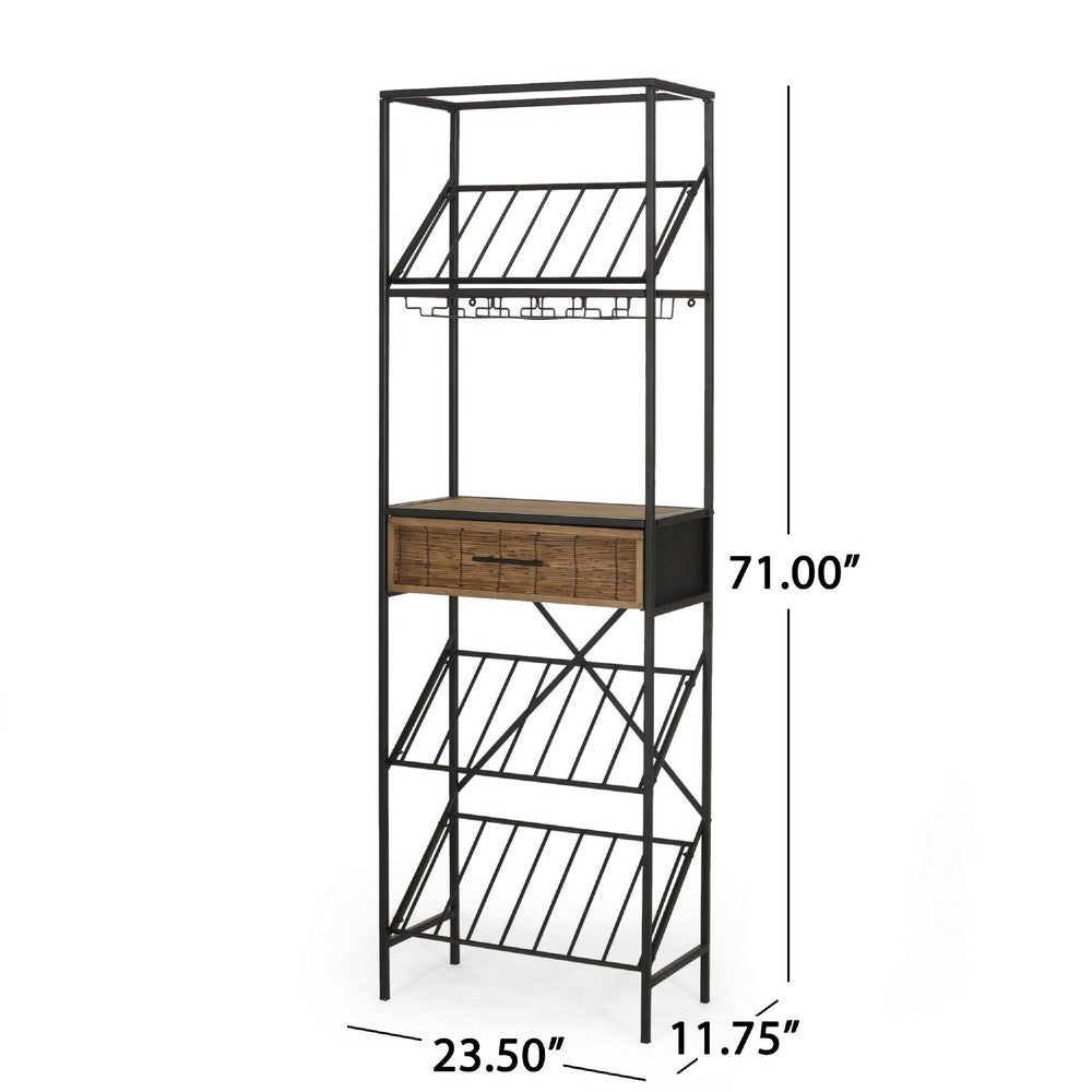 Corey Tall Wine Rack, 71 Wine Slots and Drawer, Brown, Black Metal -BM335209