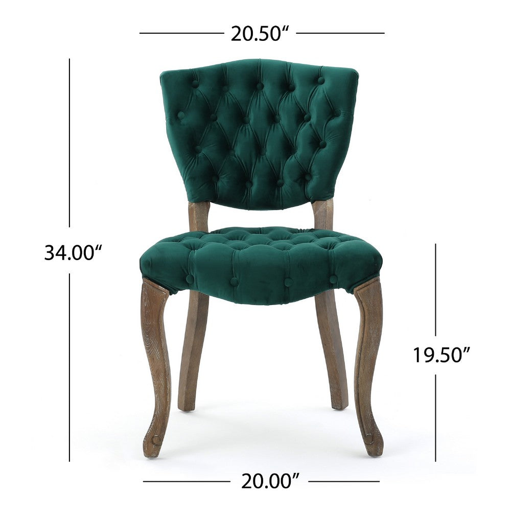Magie Dining Chair Set of 2, Wood Scrolled Legs, Green Tufted Velvet -BM335212