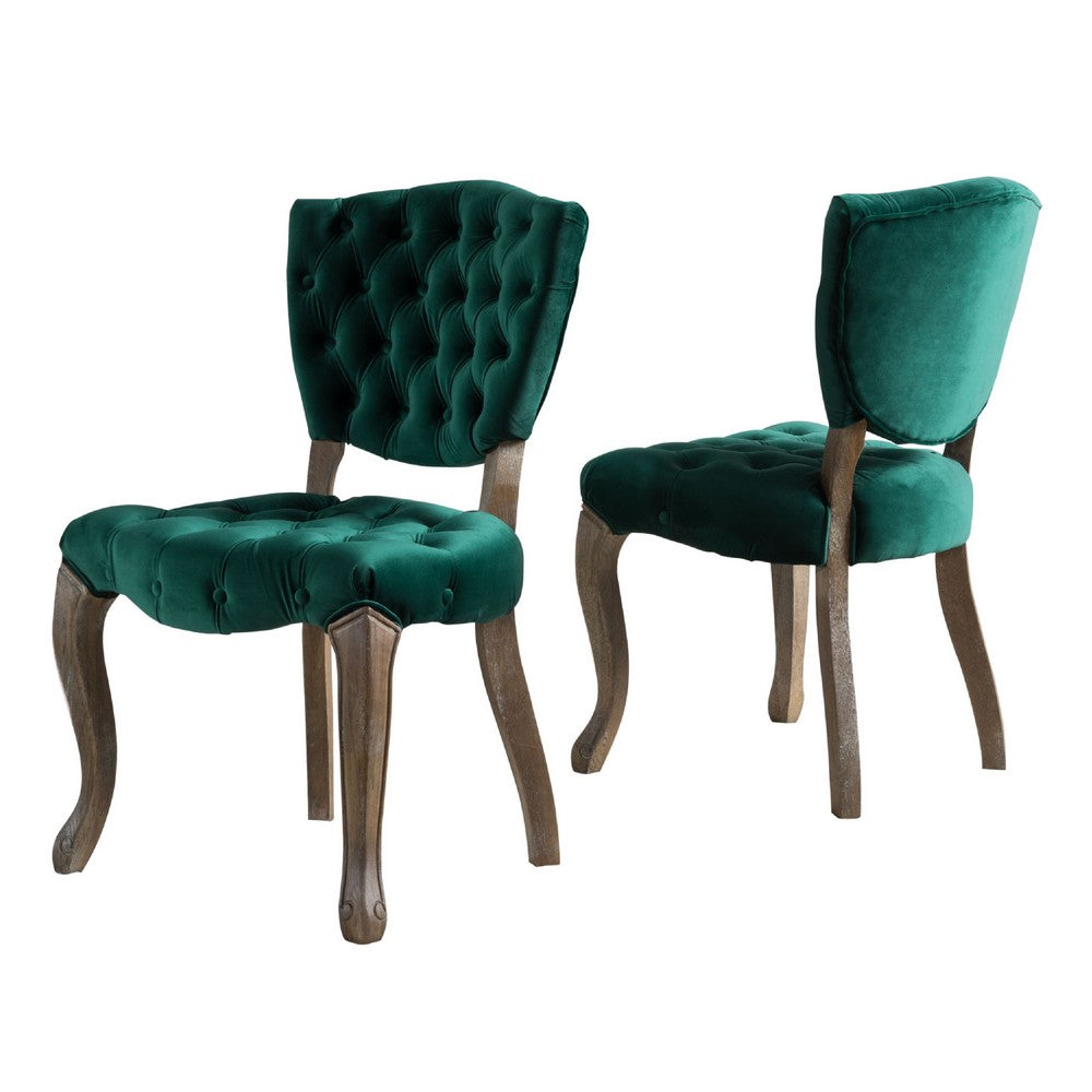 Magie Dining Chair Set of 2, Wood Scrolled Legs, Green Tufted Velvet -BM335212