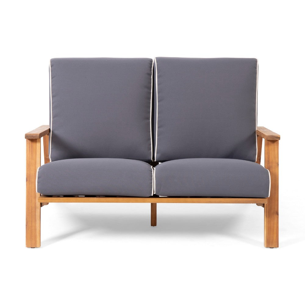Eddy 2pc Patio Loveseat and Coffee Table Set, Brown Acacia Wood, Gray -BM335215