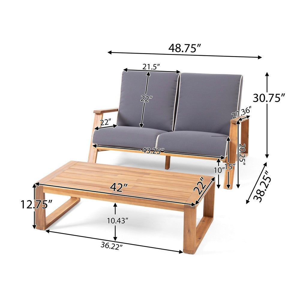 Eddy 2pc Patio Loveseat and Coffee Table Set, Brown Acacia Wood, Gray -BM335215