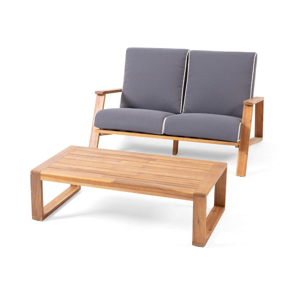 Eddy 2pc Patio Loveseat and Coffee Table Set, Brown Acacia Wood, Gray -BM335215