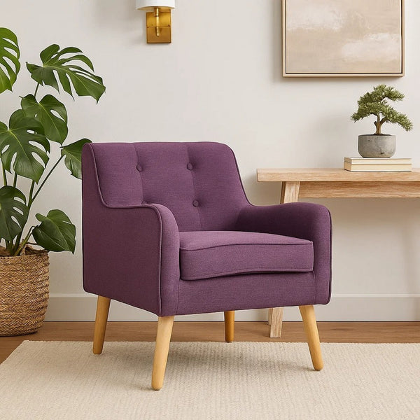 Felix Accent Armchair, Splayed Birch Wood Legs, Button Tufted Purple -BM335218