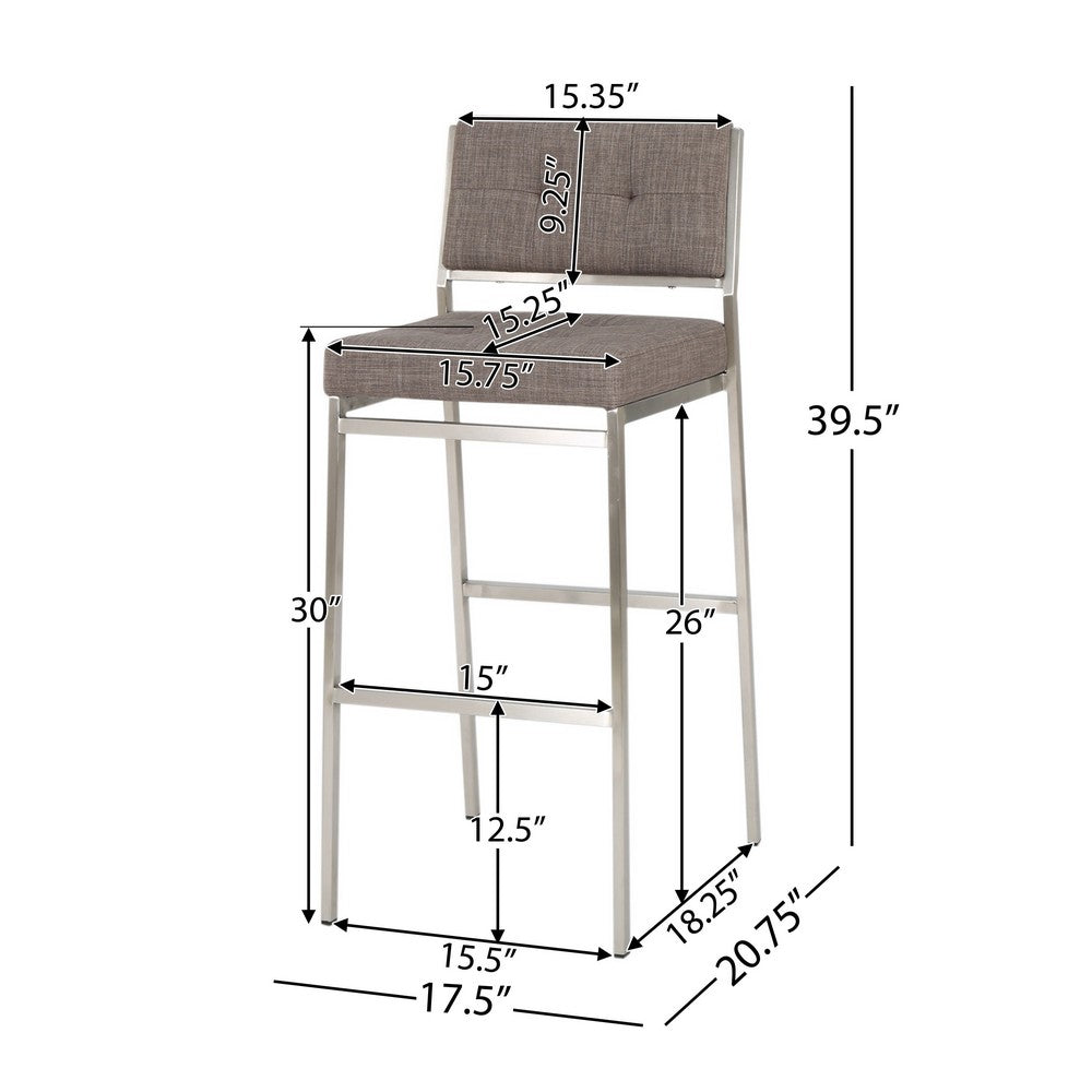 Emily Barstool Chair Set of 2, Chrome Steel, Gray Tufted Polyester -BM335223