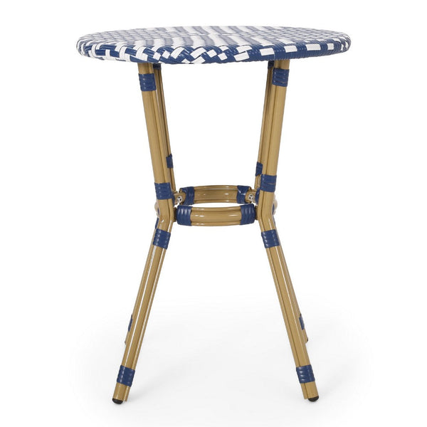 Outdoor French Bistro Table, Blue White Rattan, 22 Inch Brown Aluminum -BM335230