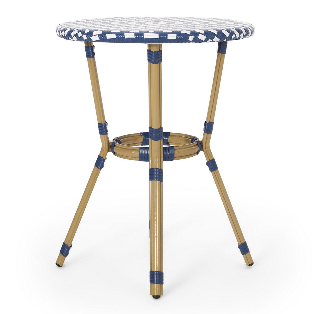 Outdoor French Bistro Table, Blue White Rattan, 22 Inch Brown Aluminum -BM335230