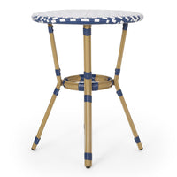 Outdoor French Bistro Table, Blue White Rattan, 22 Inch Brown Aluminum -BM335230