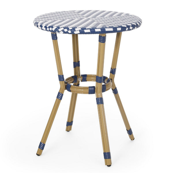 Outdoor French Bistro Table, Blue White Rattan, 22 Inch Brown Aluminum -BM335230