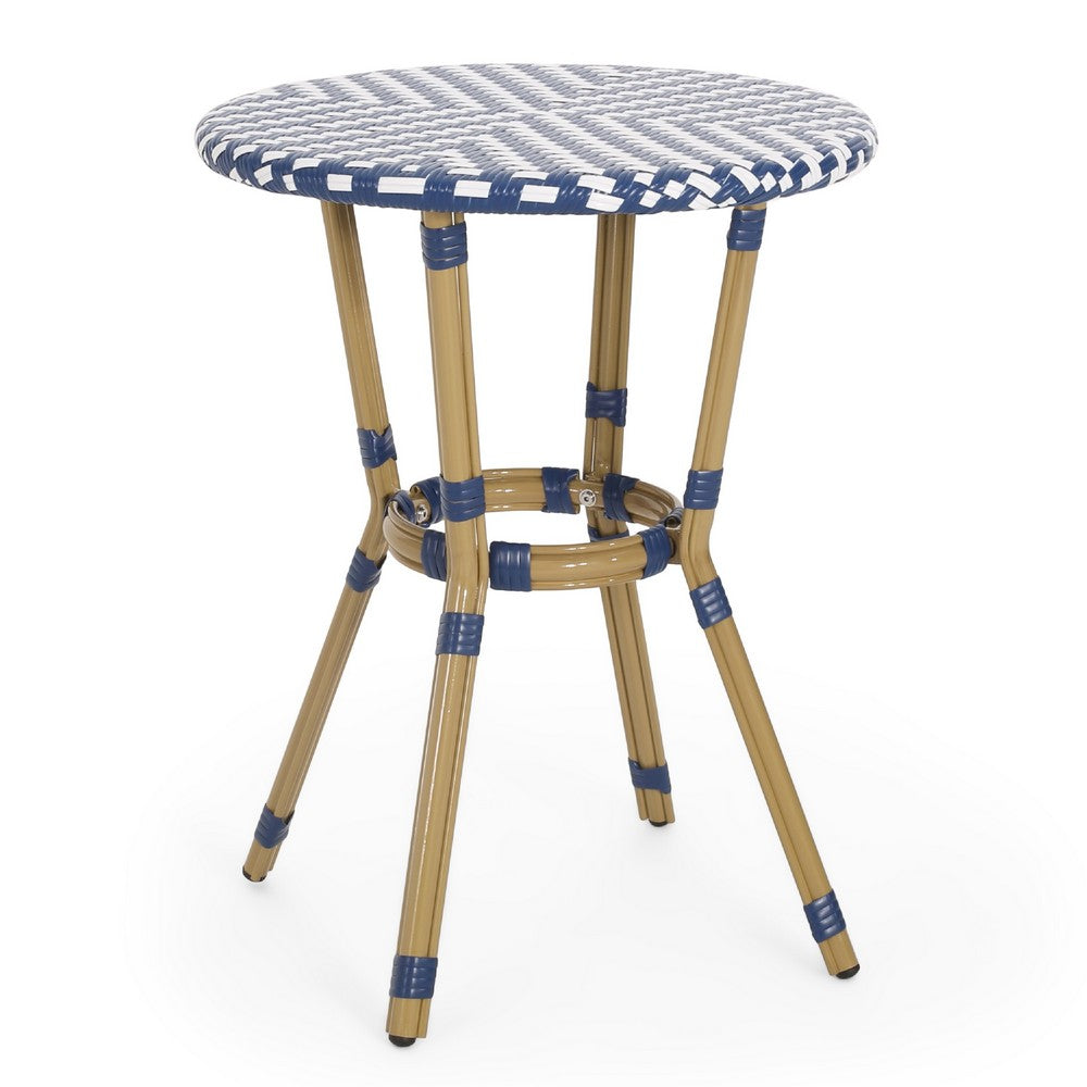 Outdoor French Bistro Table, Blue White Rattan, 22 Inch Brown Aluminum -BM335230