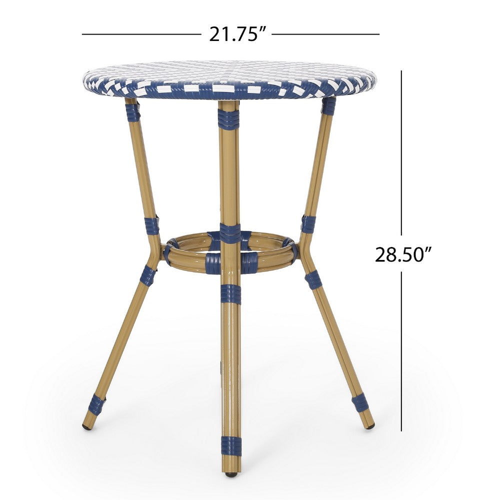 Outdoor French Bistro Table, Blue White Rattan, 22 Inch Brown Aluminum -BM335230