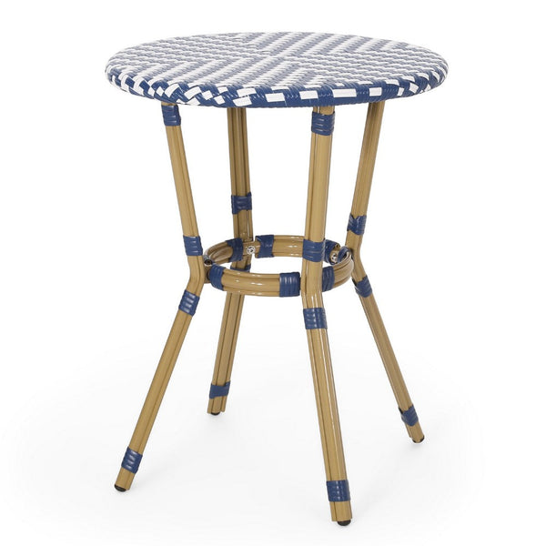Outdoor French Bistro Table, Blue White Rattan, 22 Inch Brown Aluminum -BM335230