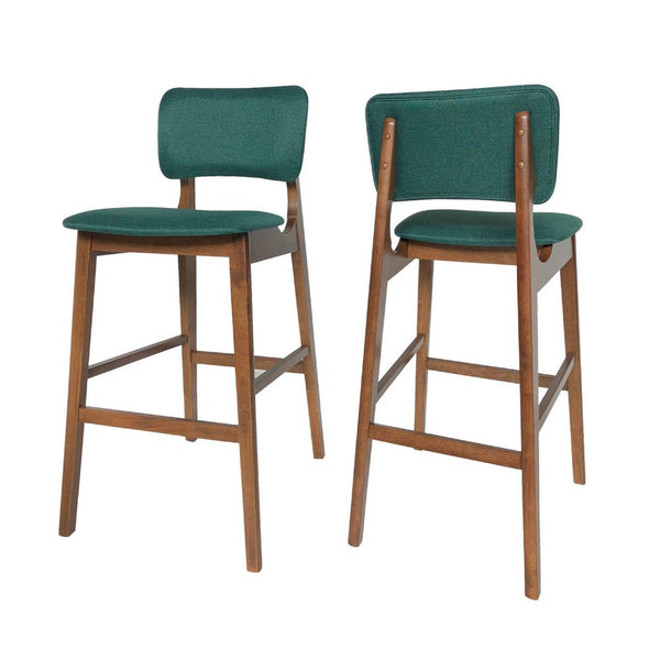 Barstool Chair Set of 2, Dark Green Cushions, Brown Wood Tapered Legs -BM335231
