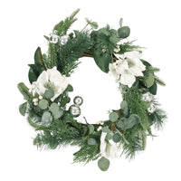Magnolia Wreath with Leaves, White and Green Polyester, Modern Style -BM335232