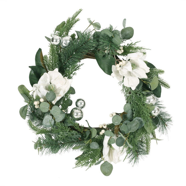 Magnolia Wreath with Leaves, White and Green Polyester, Modern Style -BM335232