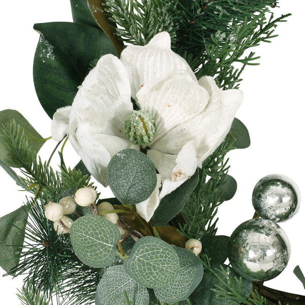 Magnolia Wreath with Leaves, White and Green Polyester, Modern Style -BM335232
