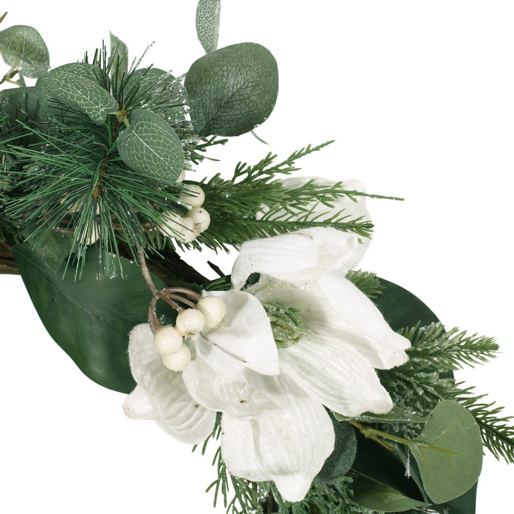 Magnolia Wreath with Leaves, White and Green Polyester, Modern Style -BM335232