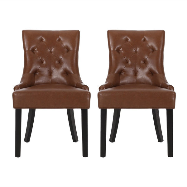 Chen Dining Chair Set of 2, Diamond Tufted Back, Brown Faux Leather -BM335250