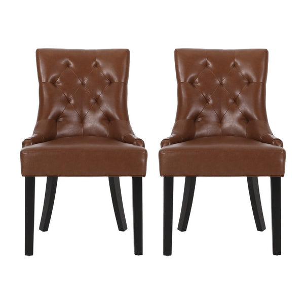 Chen Dining Chair Set of 2, Diamond Tufted Back, Brown Faux Leather -BM335250