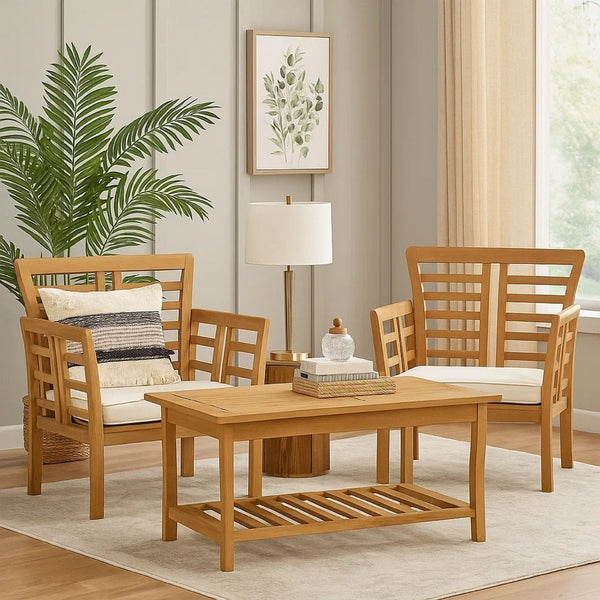 3pc Outdoor Club Chair Set w Coffee Table, Brown Wood Slatted Design -BM335252