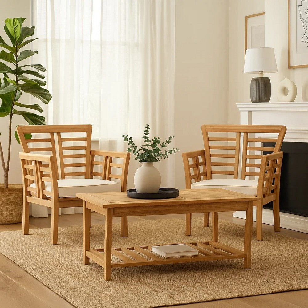 3pc Outdoor Club Chair Set w Coffee Table, Brown Wood Slatted Design -BM335252