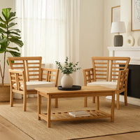 3pc Outdoor Club Chair Set w Coffee Table, Brown Wood Slatted Design -BM335252