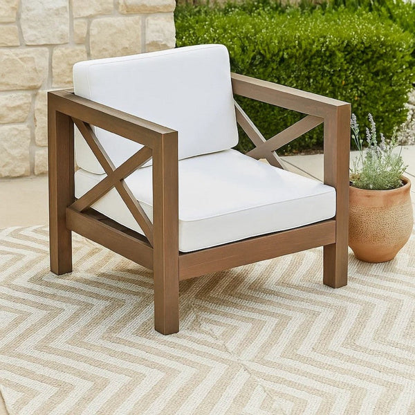Bea Outdoor Club Chair, White Cushions, X Back Design Weathered Gray -BM335253