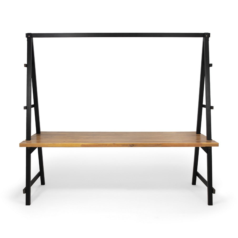 Jo Outdoor Pergola Table, Black Metal Frame, Slatted Teak Brown Wood -BM335254