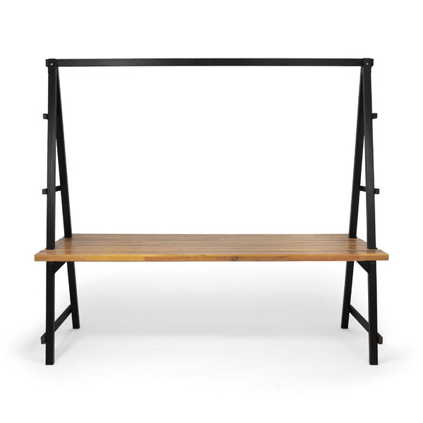 Jo Outdoor Pergola Table, Black Metal Frame, Slatted Teak Brown Wood -BM335254