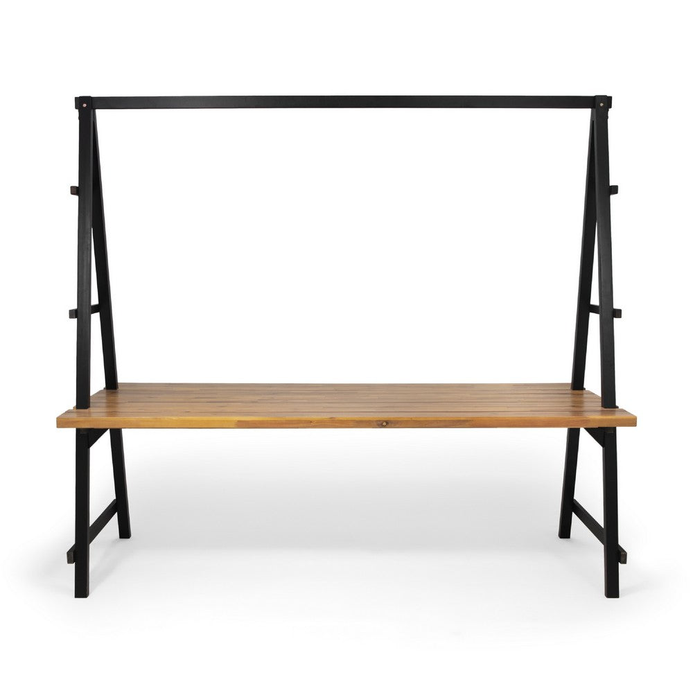 Jo Outdoor Pergola Table, Black Metal Frame, Slatted Teak Brown Wood -BM335254