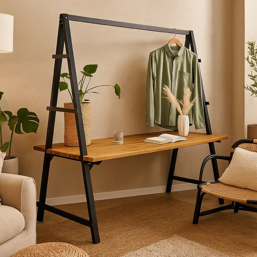 Jo Outdoor Pergola Table, Black Metal Frame, Slatted Teak Brown Wood -BM335254