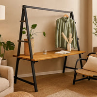 Jo Outdoor Pergola Table, Black Metal Frame, Slatted Teak Brown Wood -BM335254