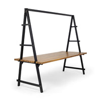 Jo Outdoor Pergola Table, Black Metal Frame, Slatted Teak Brown Wood -BM335254