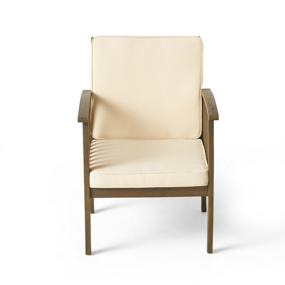 Gerry Outdoor Club Chair Set of 2, Cream Cushions, Slatted Dark Brown -BM335257