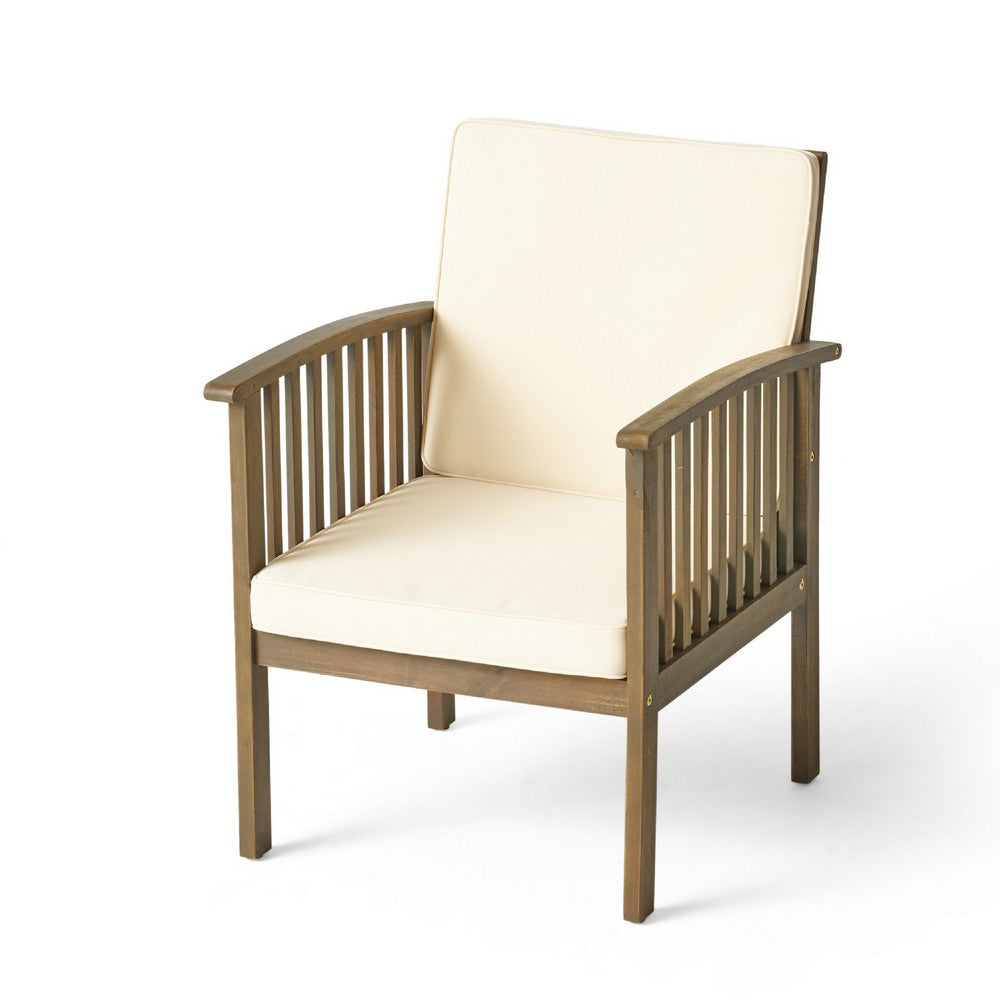 Gerry Outdoor Club Chair Set of 2, Cream Cushions, Slatted Dark Brown -BM335257