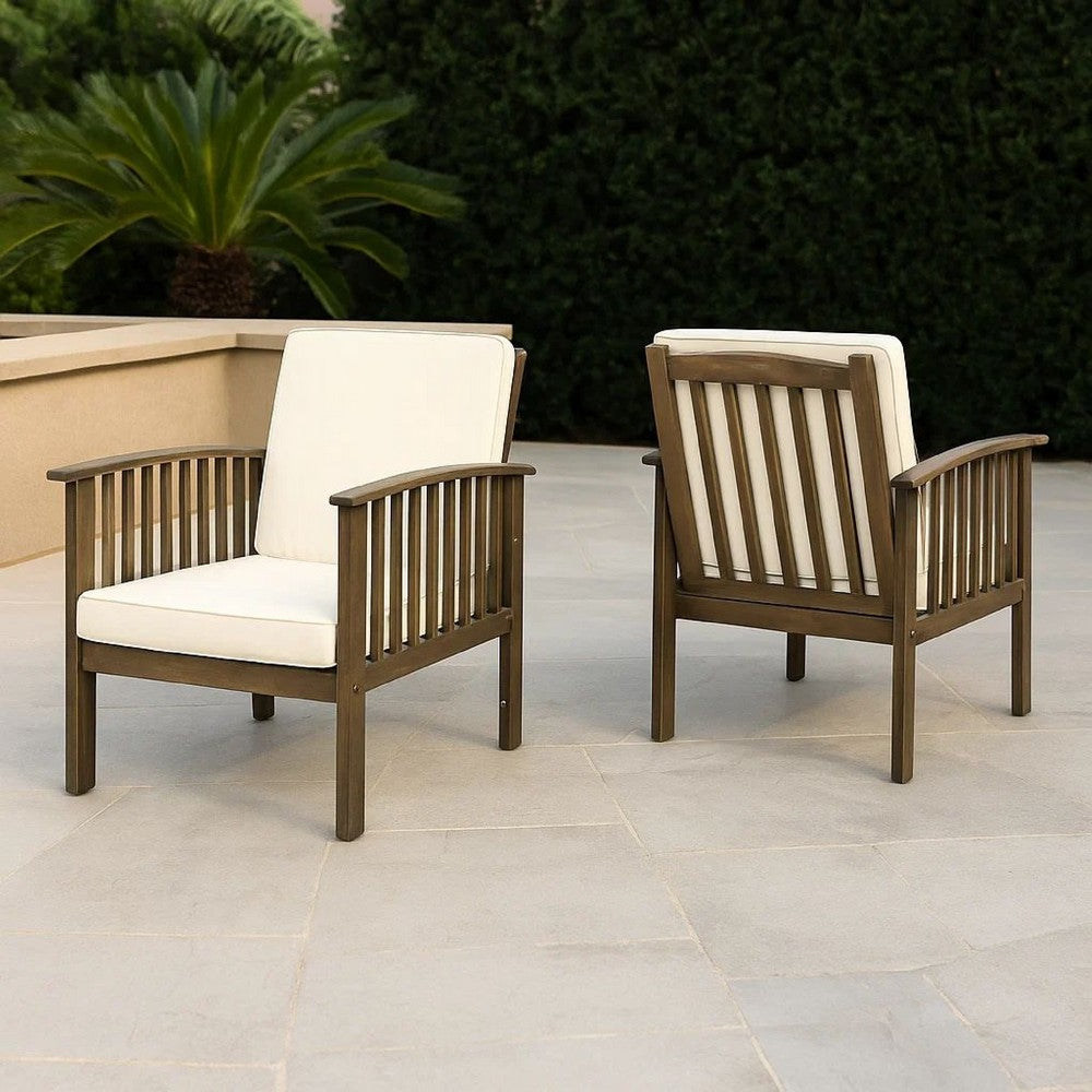 Gerry Outdoor Club Chair Set of 2, Cream Cushions, Slatted Dark Brown -BM335257