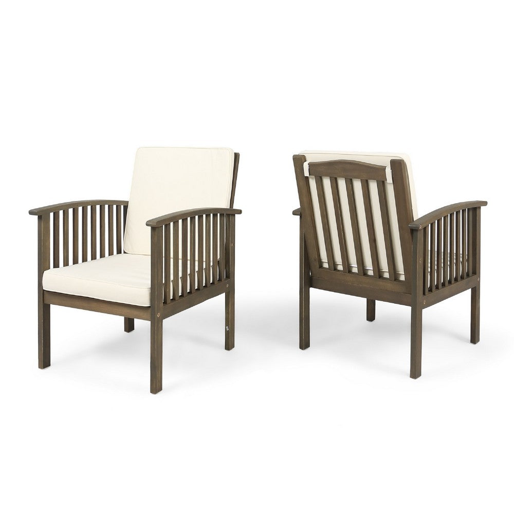 Gerry Outdoor Club Chair Set of 2, Cream Cushions, Slatted Dark Brown -BM335257