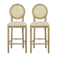 Barstool Chair Set of 2, Beige Cushion and Natural Brown Rattan Back -BM335258