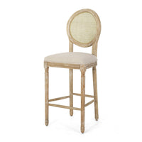 Barstool Chair Set of 2, Beige Cushion and Natural Brown Rattan Back -BM335258