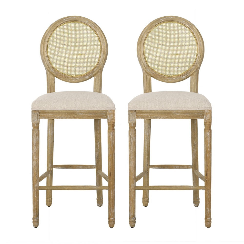 Barstool Chair Set of 2, Beige Cushion and Natural Brown Rattan Back -BM335258