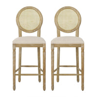 Barstool Chair Set of 2, Beige Cushion and Natural Brown Rattan Back -BM335258