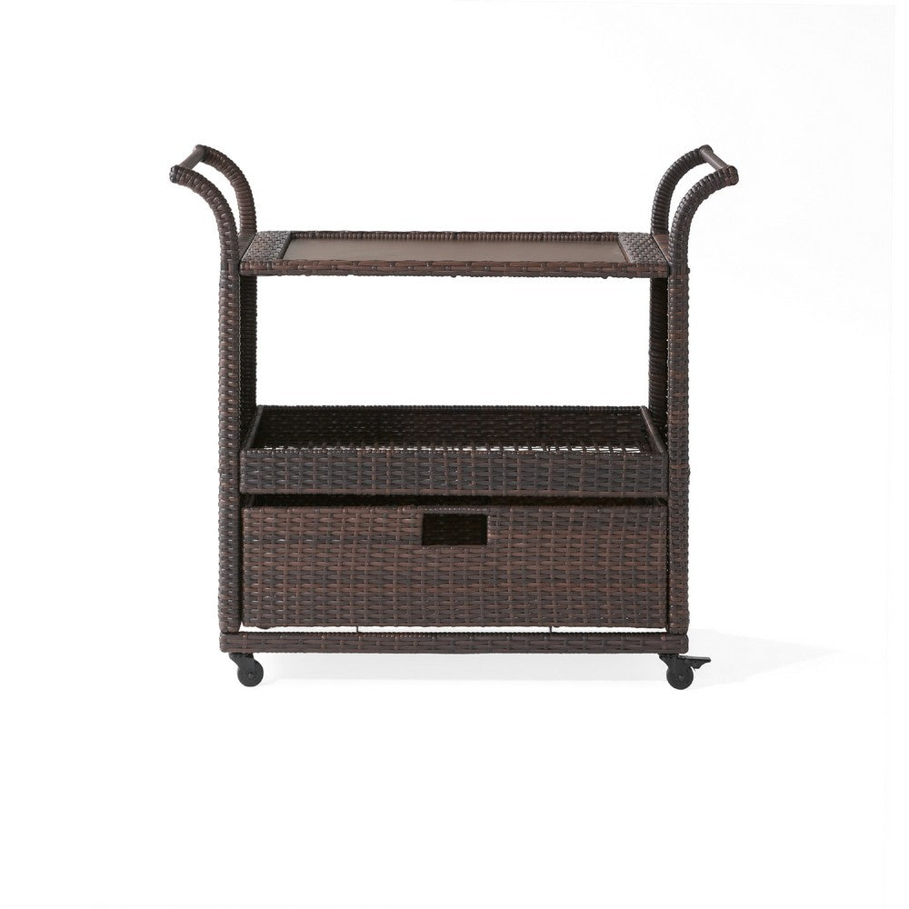 Naed Rolling Kitchen Bar Cart, 40 Inch Dark Brown Rattan Woven -BM335259