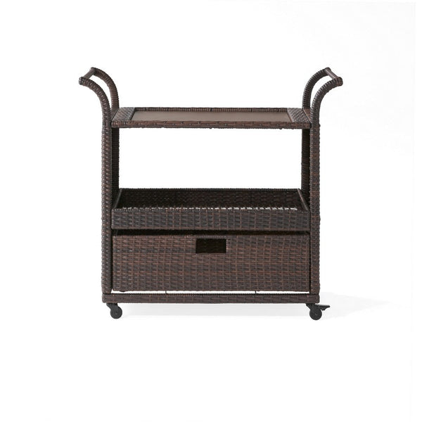 Naed Rolling Kitchen Bar Cart, 40 Inch Dark Brown Rattan Woven -BM335259