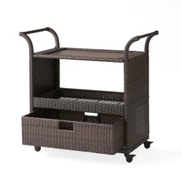 Naed Rolling Kitchen Bar Cart, 40 Inch Dark Brown Rattan Woven -BM335259