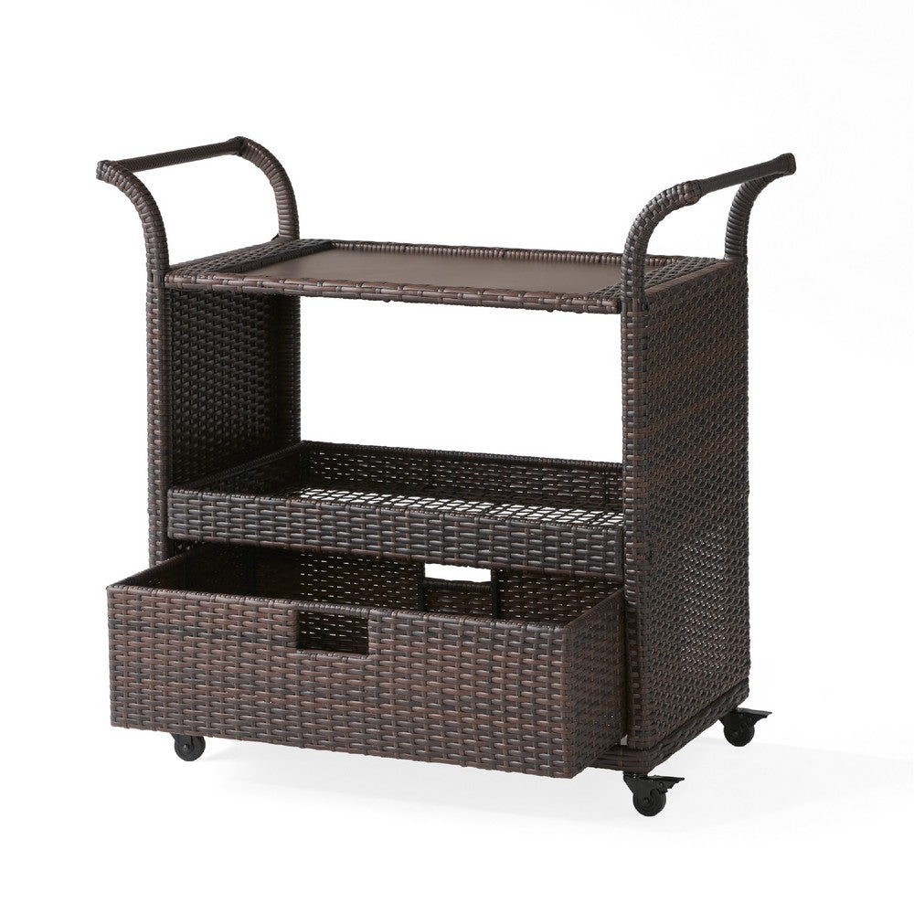 Naed Rolling Kitchen Bar Cart, 40 Inch Dark Brown Rattan Woven -BM335259