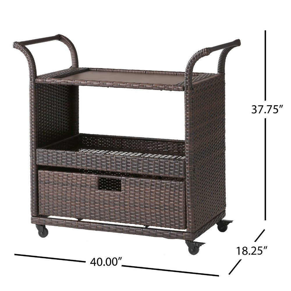 Naed Rolling Kitchen Bar Cart, 40 Inch Dark Brown Rattan Woven -BM335259