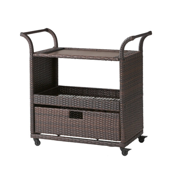 Naed Rolling Kitchen Bar Cart, 40 Inch Dark Brown Rattan Woven -BM335259